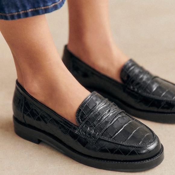 Sezane Andrea Loafers Black Crocodile Print Embossed Size 39 Leather Shoes - Picture 7 of 8
